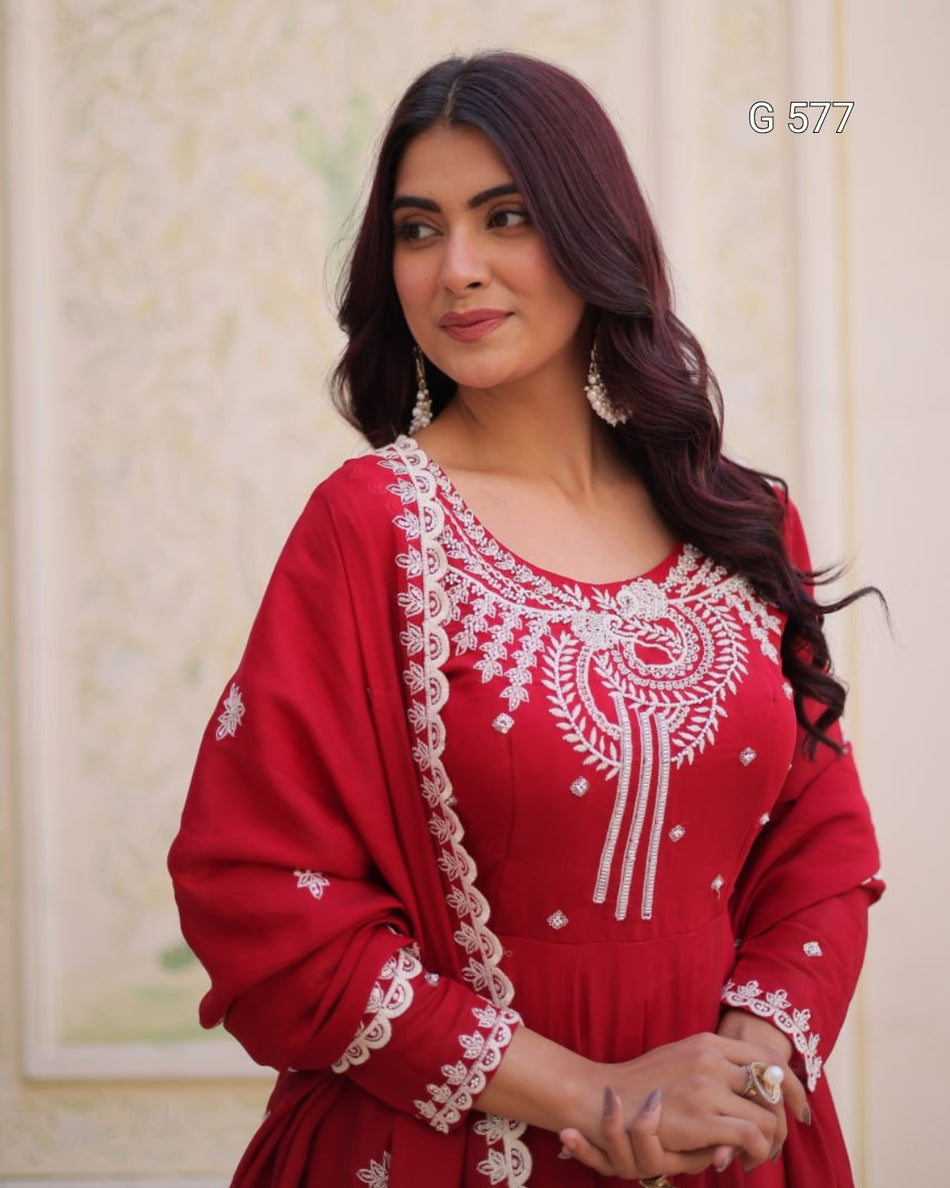 Elegant Mal Chanderi Gown with Beads Work - G 577