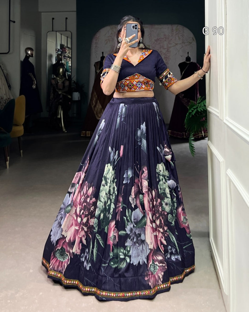 Tasar Silk Lehenga with Floral Print & Paper Mirror Lace Touch Up – G90