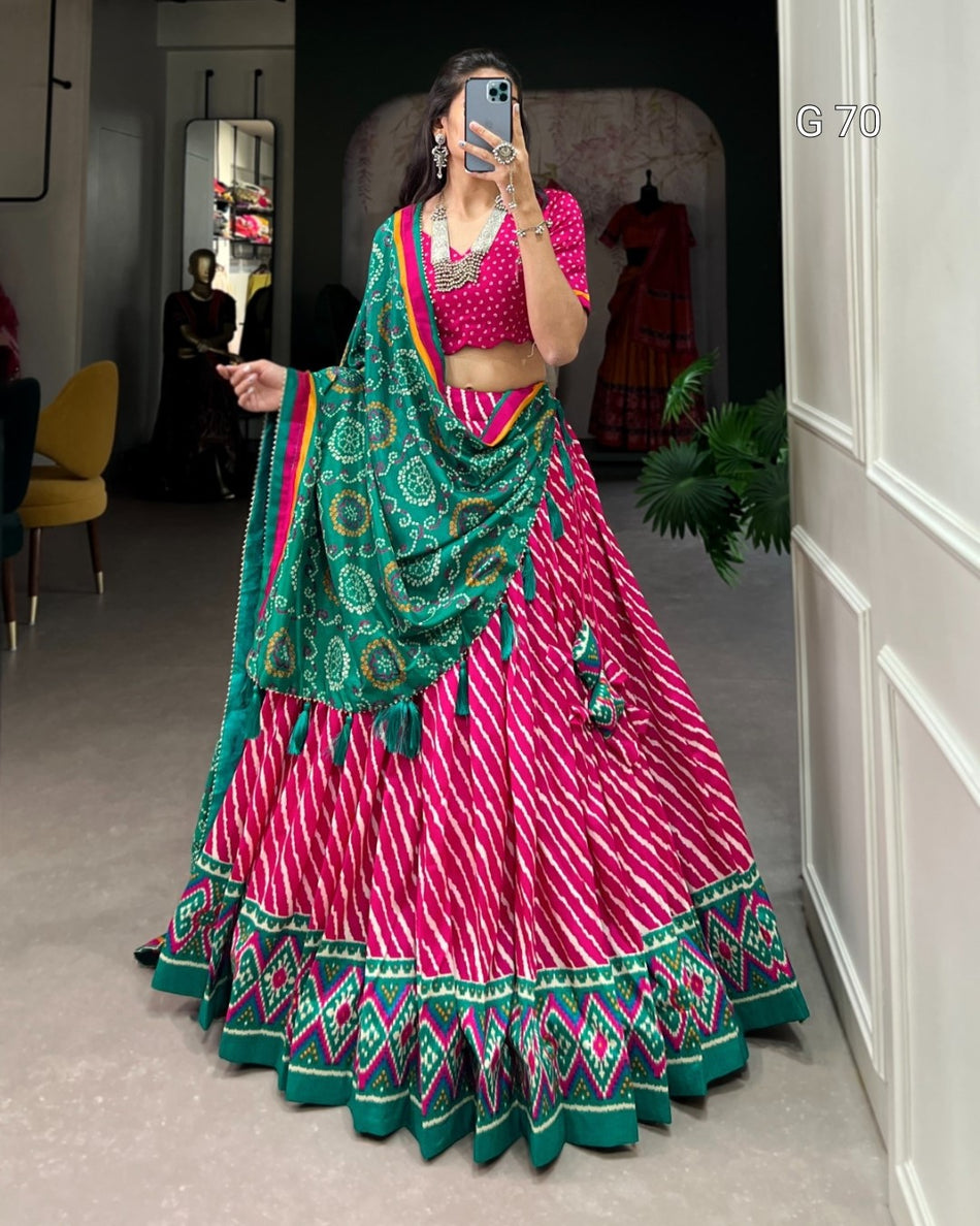 Tussar Silk Lehenga with Leheriya & Patola Print Border – G 70 Pink