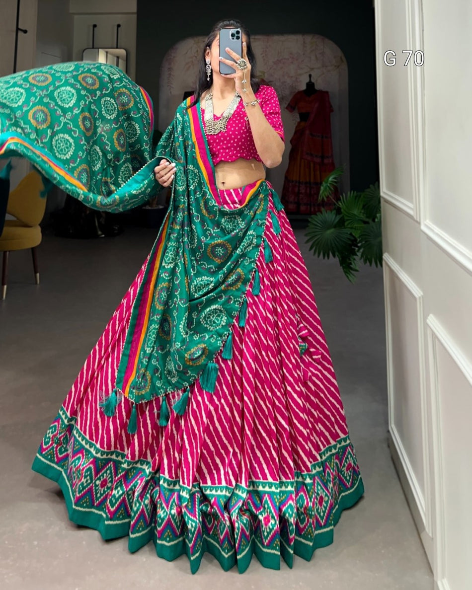 Tussar Silk Lehenga with Leheriya & Patola Print Border – G 70 Pink