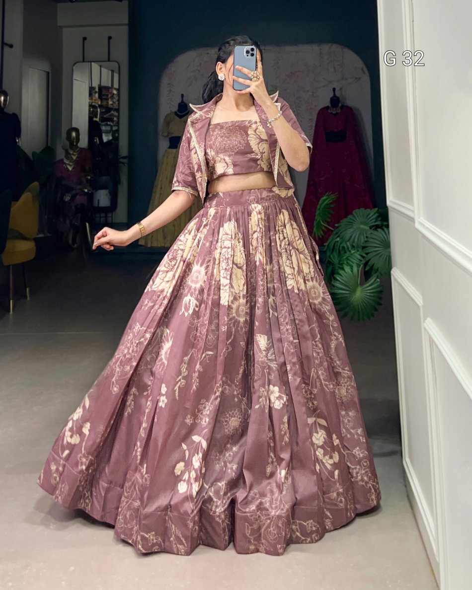Cream Tussar Silk Lehenga with Floral Print – G 32