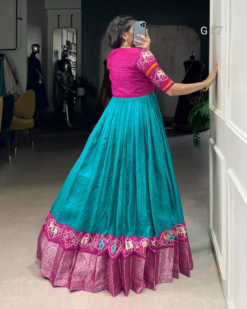 Tasar Chex Gown with Patola Print & Weaving Work Border – G 67