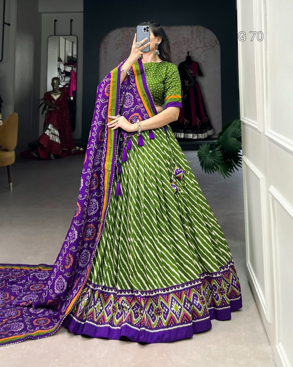 Tussar Silk Lehenga with Leheriya & Patola Print Border – G 70