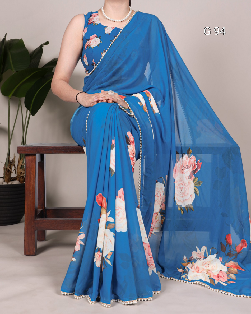 Georgette Saree with Printed Design & Pearl Lace Border – G94