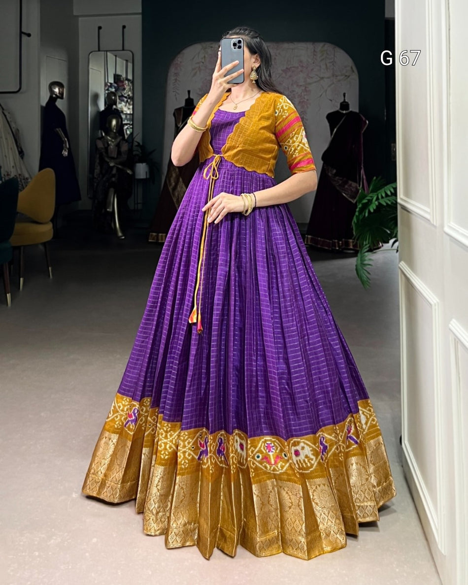 Tasar Chex Gown with Patola Print & Weaving Work Border – G 67