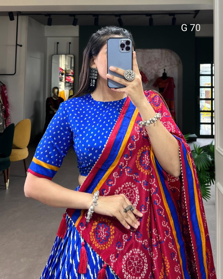 Tussar Silk Lehenga with Leheriya & Patola Print Border – G 70 Royal Blue