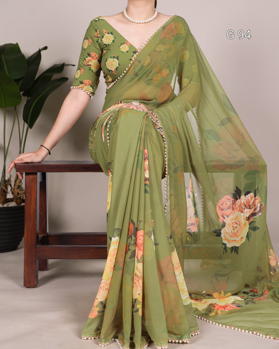 Georgette Saree with Printed Design & Pearl Lace Border – G94