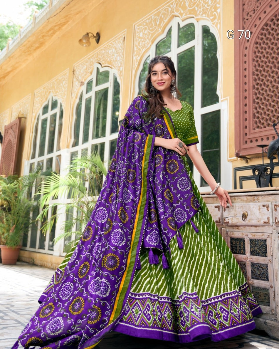 Tussar Silk Lehenga with Leheriya & Patola Print Border – G 70 Parrot