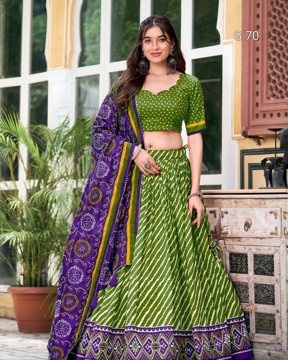 Tussar Silk Lehenga with Leheriya & Patola Print Border – G 70 Parrot