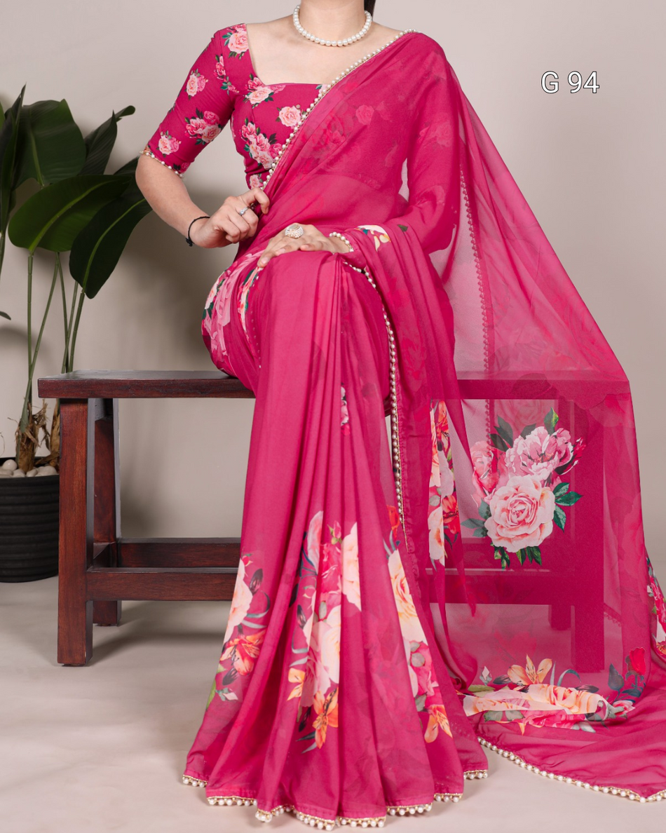 Georgette Saree with Printed Design & Pearl Lace Border – G94