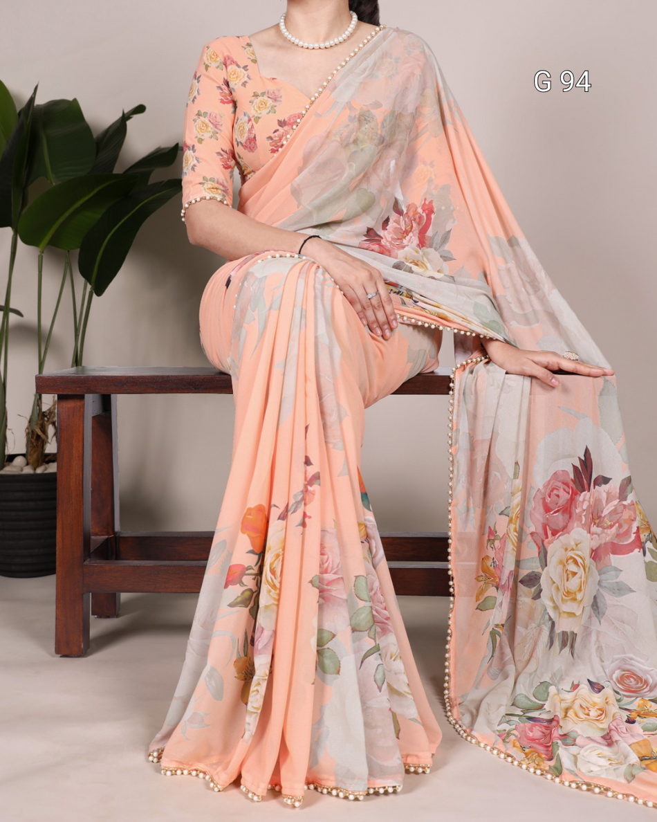 Georgette Saree with Printed Design & Pearl Lace Border – G94