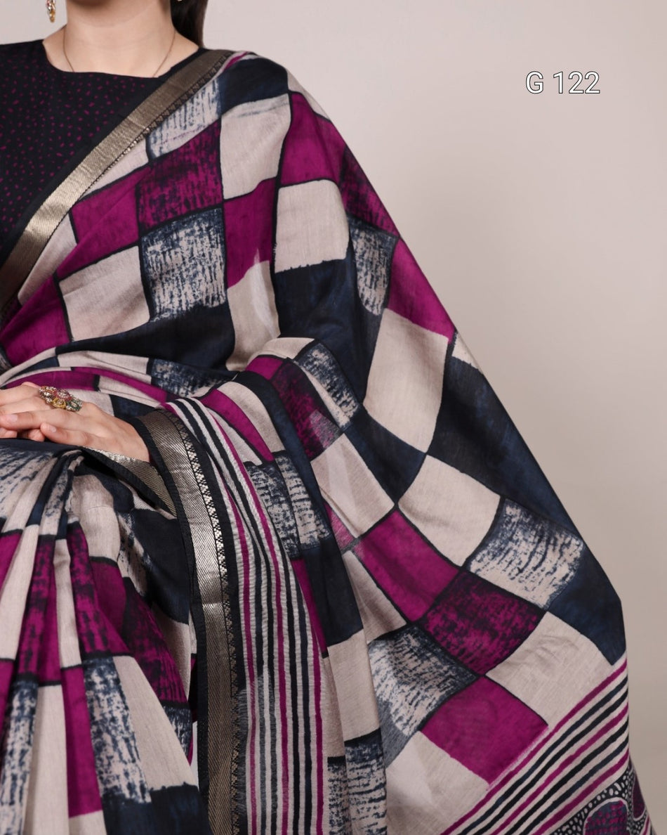 Printed Polyester Viscose Chanderi Saree with Temple Border – G 122 Navy Blue