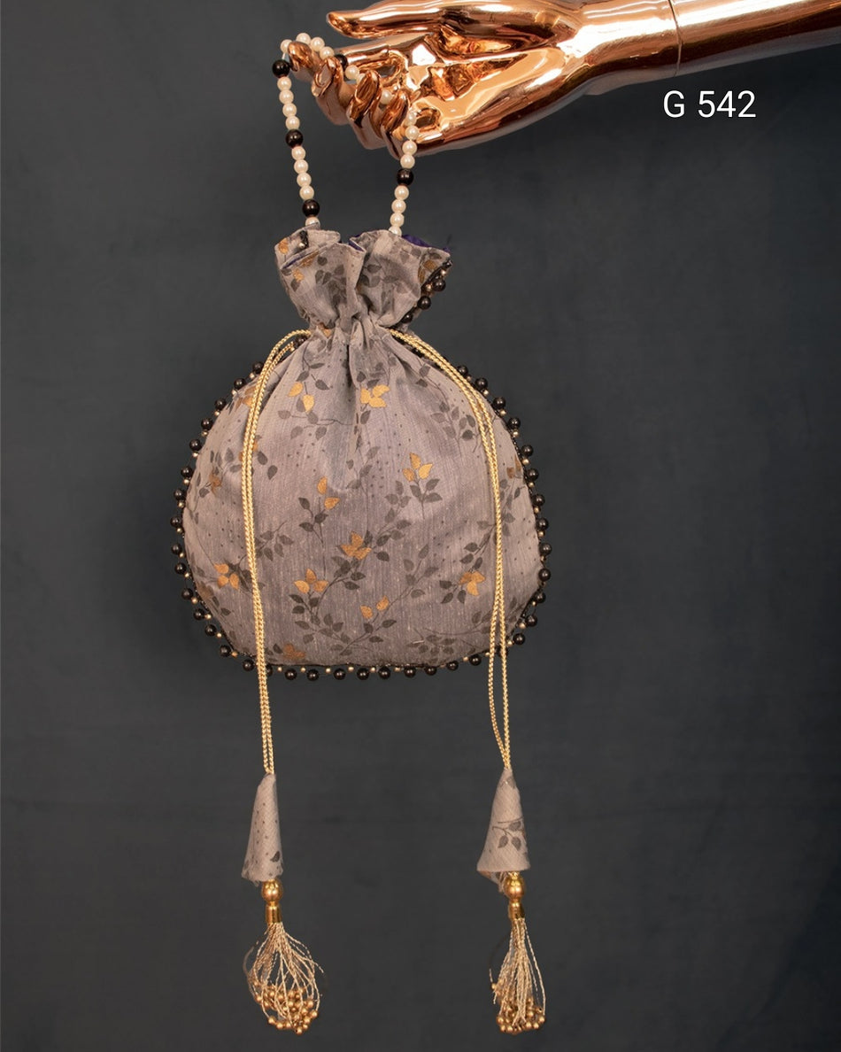 Jacquard Silk Potli with Pearl Lace Border - G 542