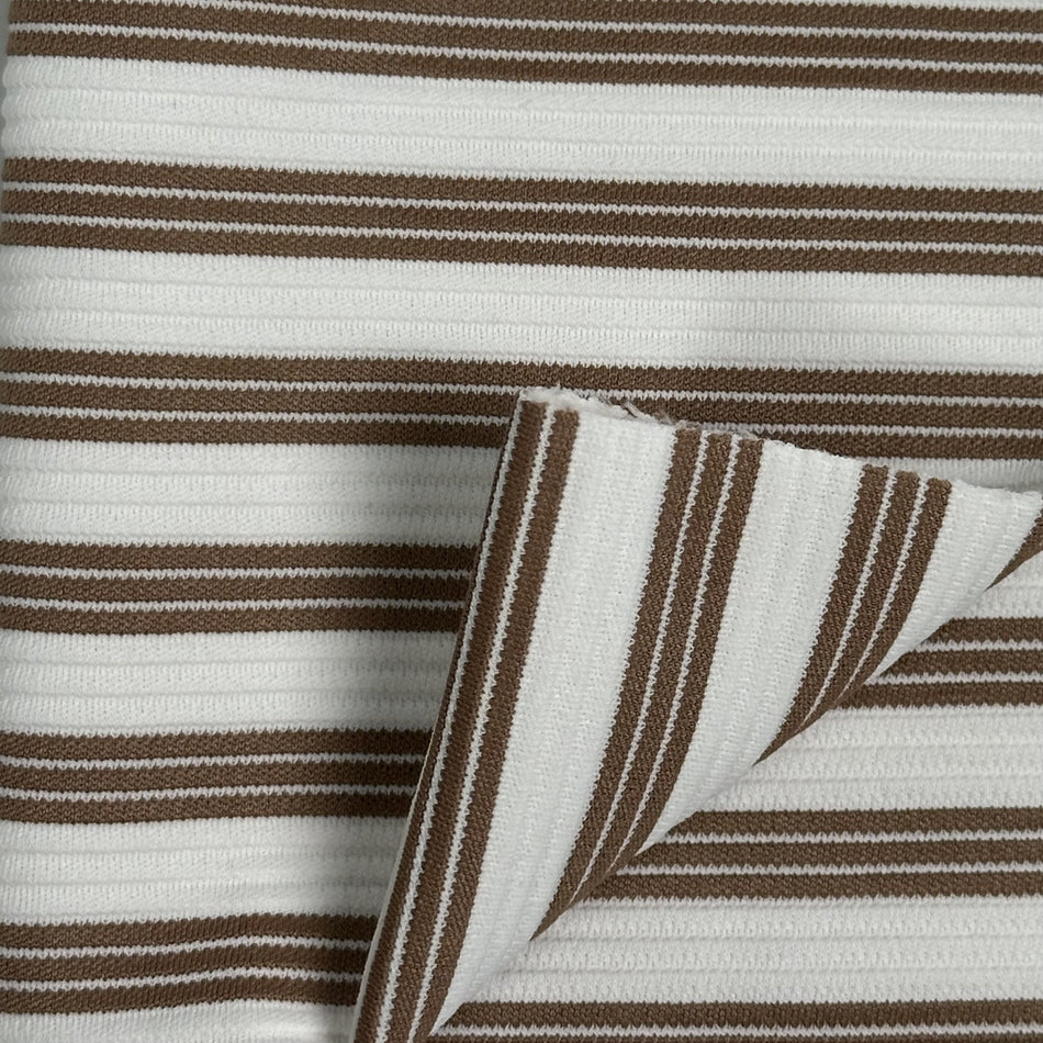 Brown White Striped Corduroy Knit Fabric by Yard, Poly Spandex Stretch Textured Rib Line Material GF 73