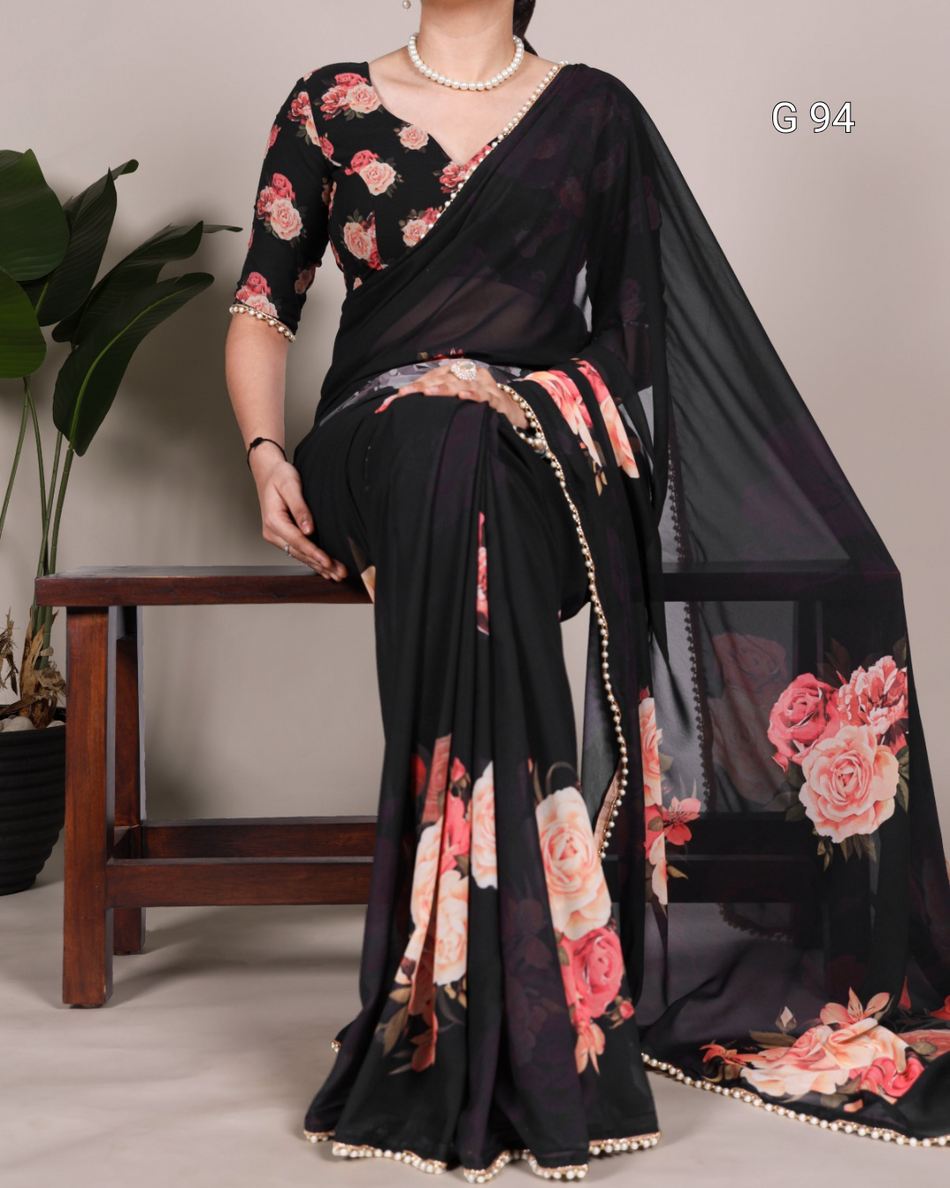 Georgette Saree with Printed Design & Pearl Lace Border – G94