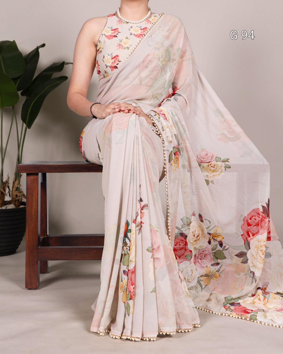 Georgette Saree with Printed Design & Pearl Lace Border – G94