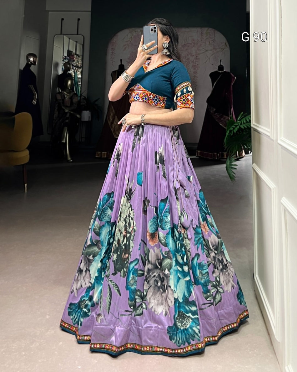 Tasar Silk Lehenga with Floral Print & Paper Mirror Lace Touch Up – G90