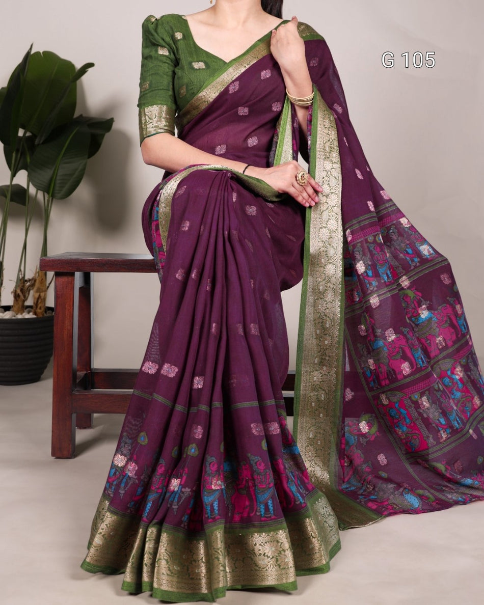 Poly Cotton Saree with Kalamkari Print & Zari Weaving Work – G 105