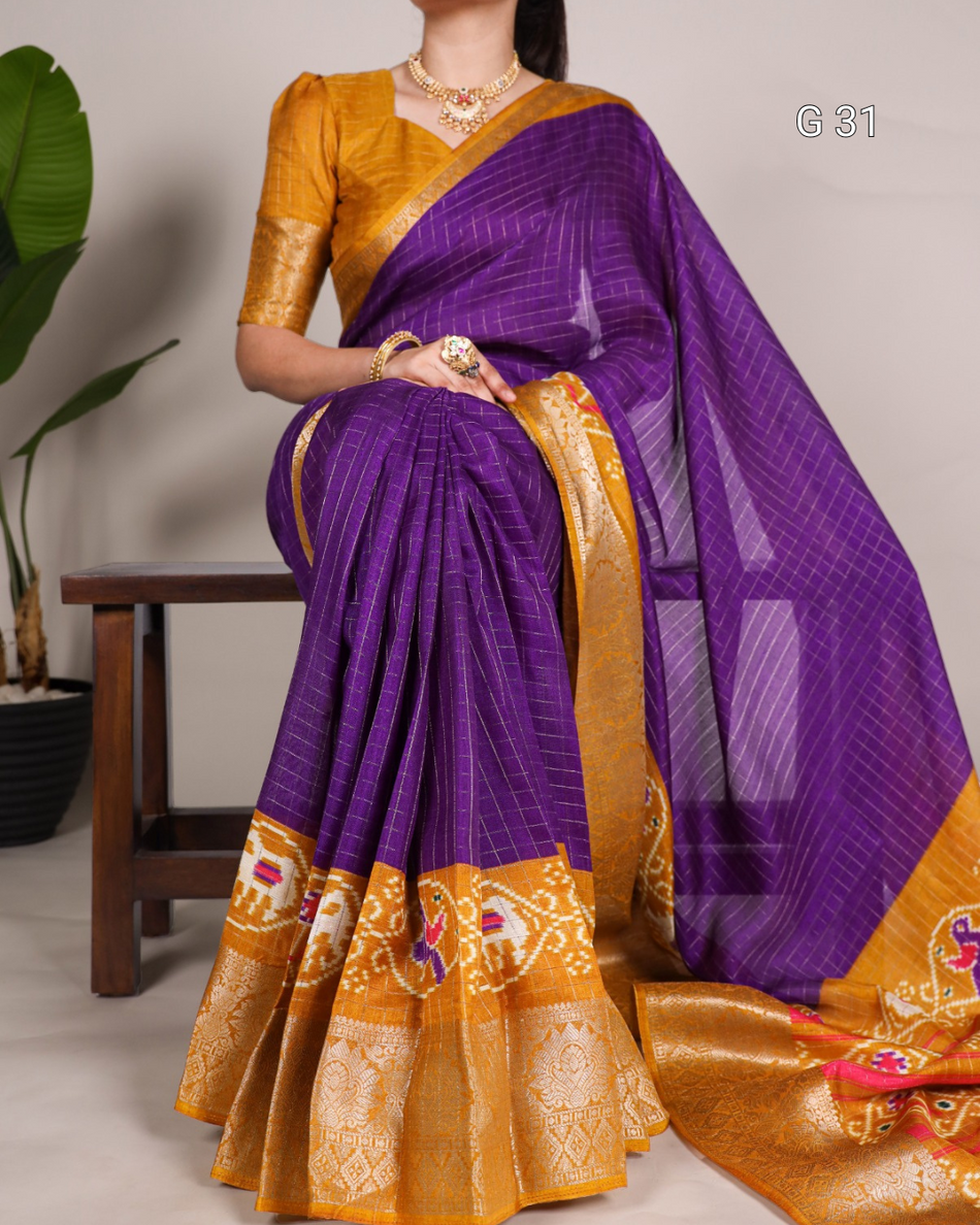 Mustard Tasar Chex Saree with Patola Print & Weaving Work Border – G 31