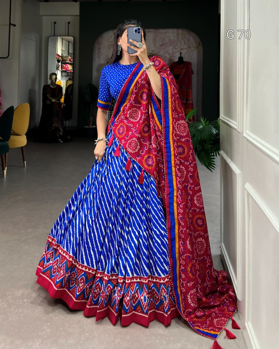 Tussar Silk Lehenga with Leheriya & Patola Print Border – G 70