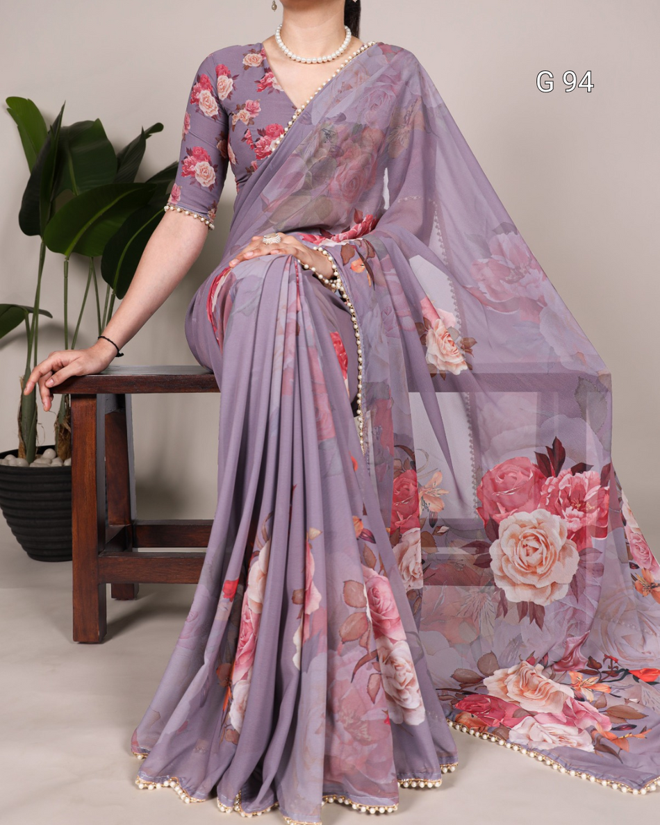Georgette Saree with Printed Design & Pearl Lace Border – G94