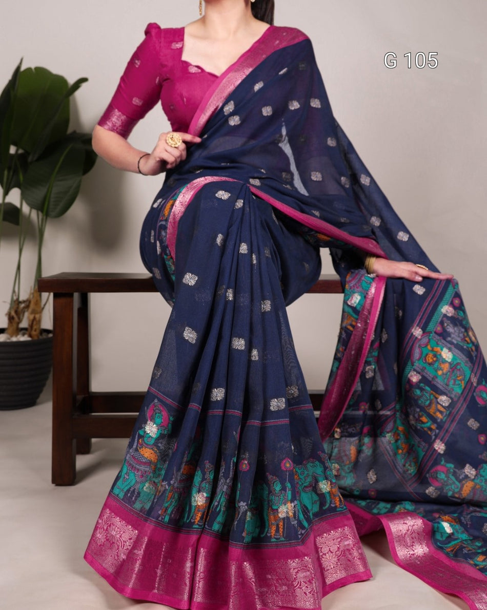 Poly Cotton Saree with Kalamkari Print & Zari Weaving Work – G 105