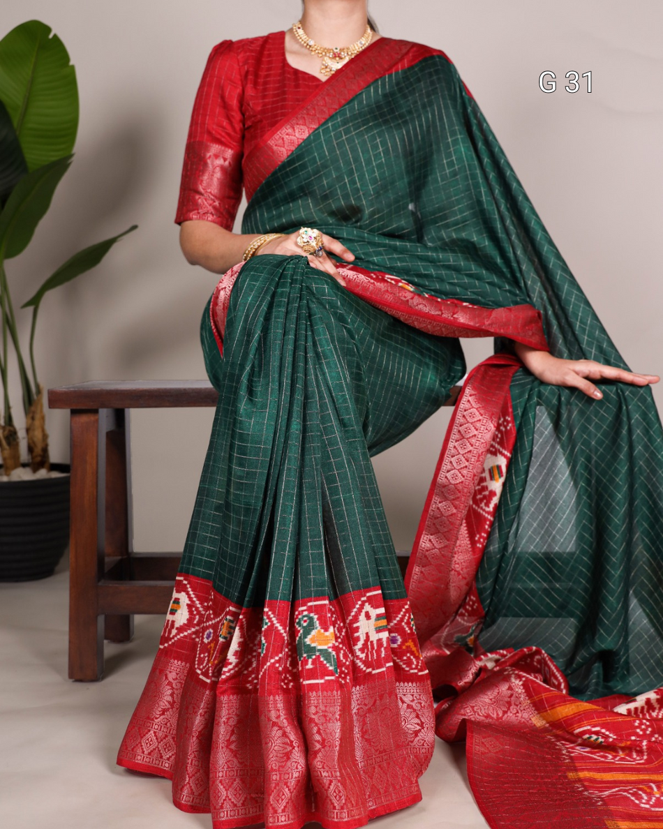 Mustard Tasar Chex Saree with Patola Print & Weaving Work Border – G 31