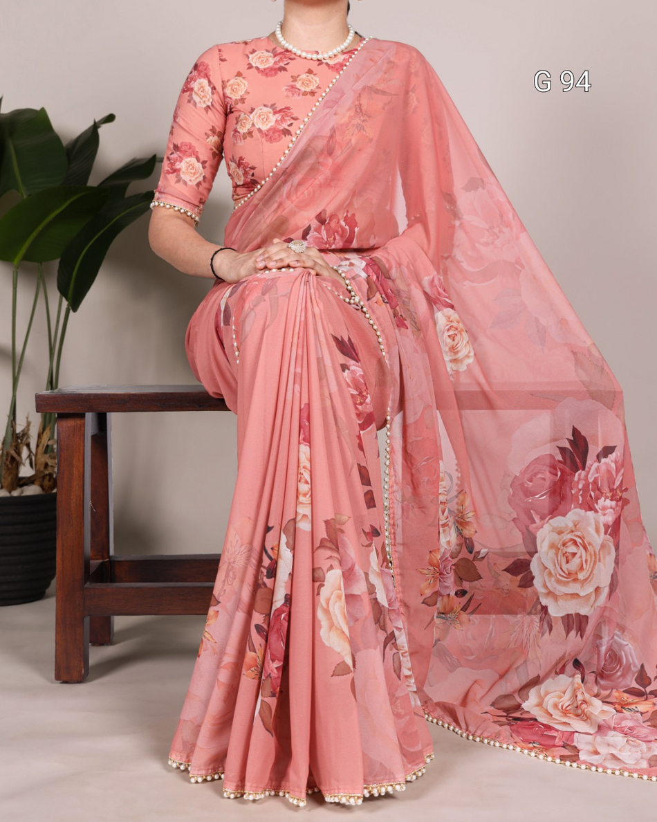 Georgette Saree with Printed Design & Pearl Lace Border – G94