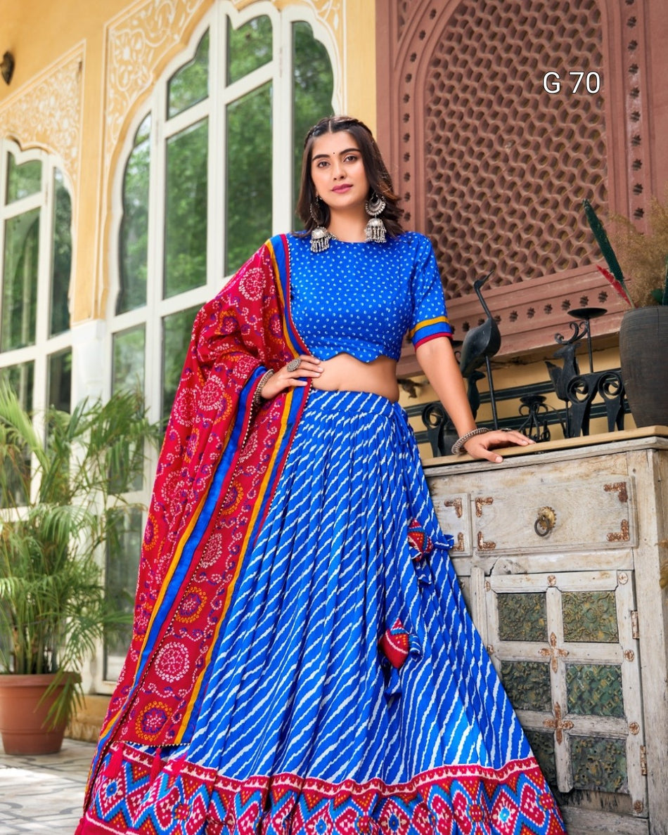 Tussar Silk Lehenga with Leheriya & Patola Print Border – G 70 Royal Blue