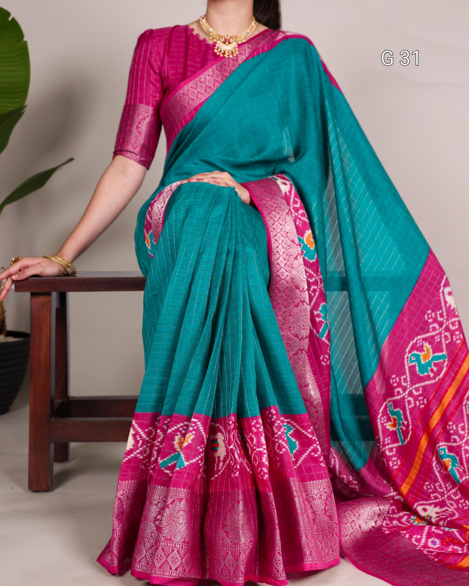 Mustard Tasar Chex Saree with Patola Print & Weaving Work Border – G 31