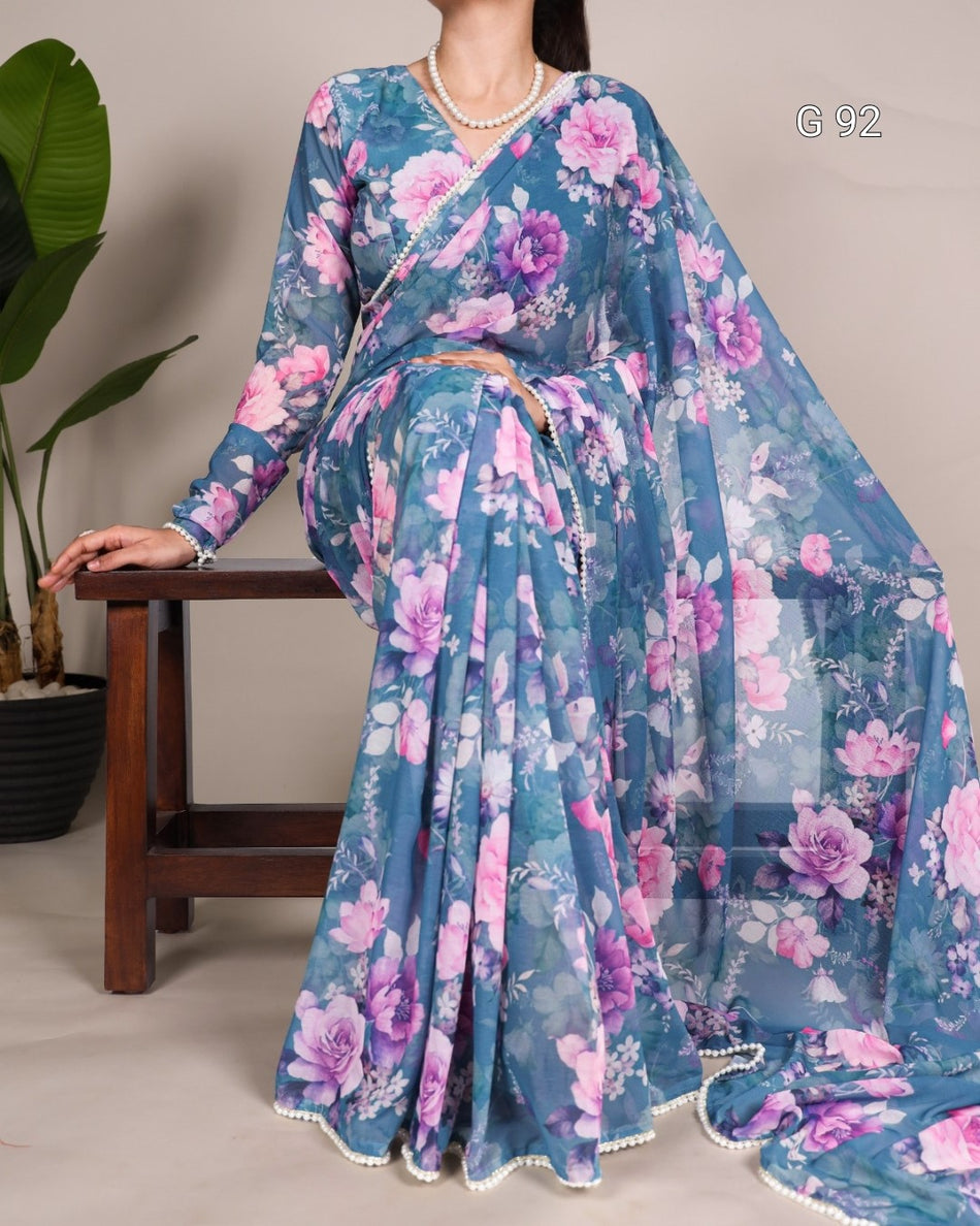 Weightless Marbal Saree with Printed Design & Pearl Lace Border – G92