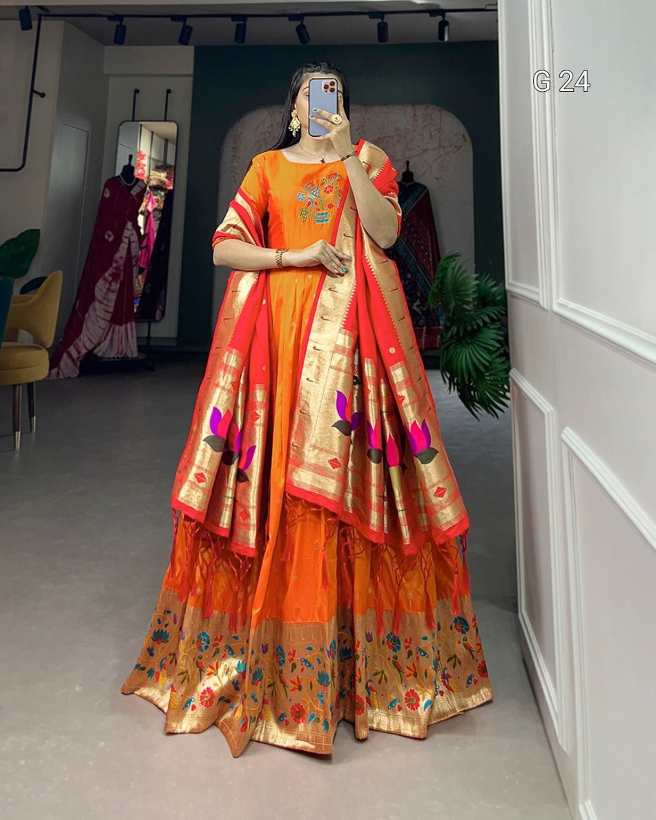 Jacquard Silk Gown with Zari Weaving Work – Stitched Gown and Dupatta with Tassels - G 24 Purple, Orange, Pink, Red