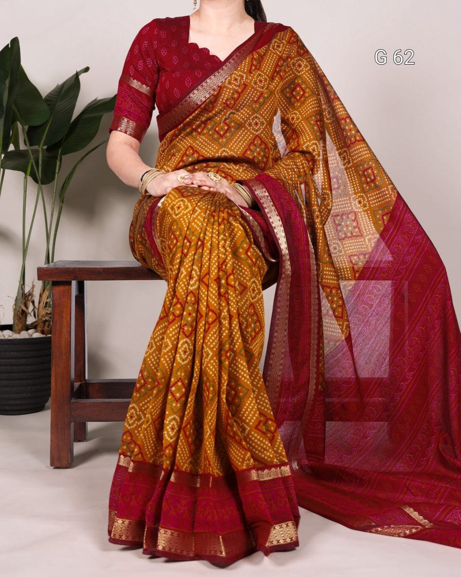 Polyester Viscose Chanderi Saree with Bandhej Print & Zari Weaving Work – G 62