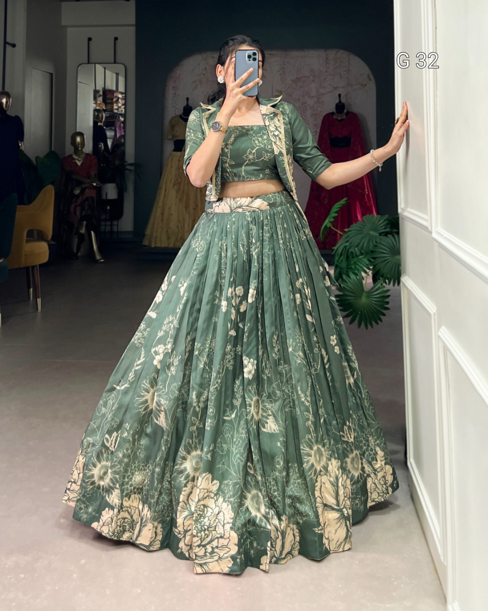 Cream Tussar Silk Lehenga with Floral Print – G 32