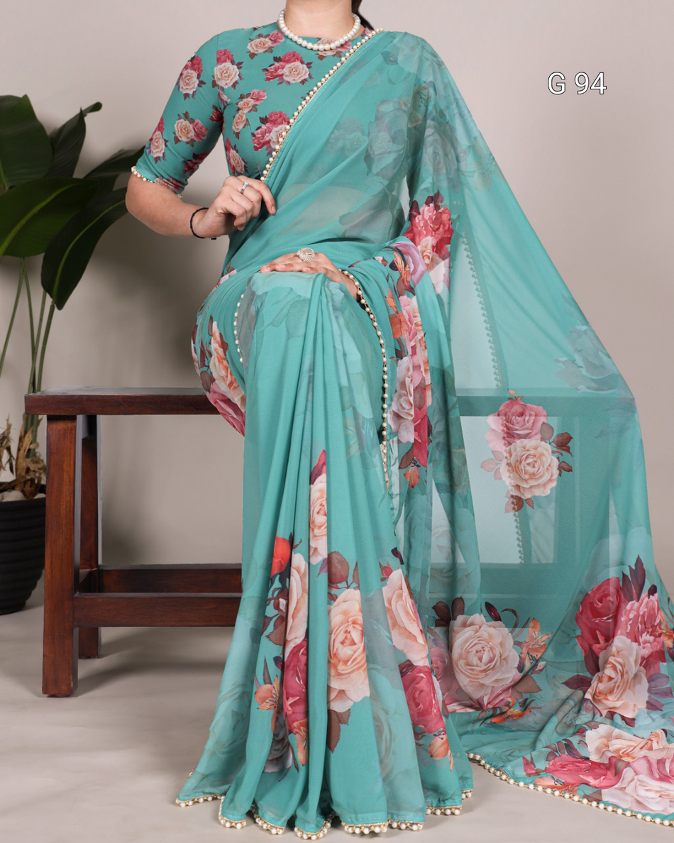 Georgette Saree with Printed Design & Pearl Lace Border – G94