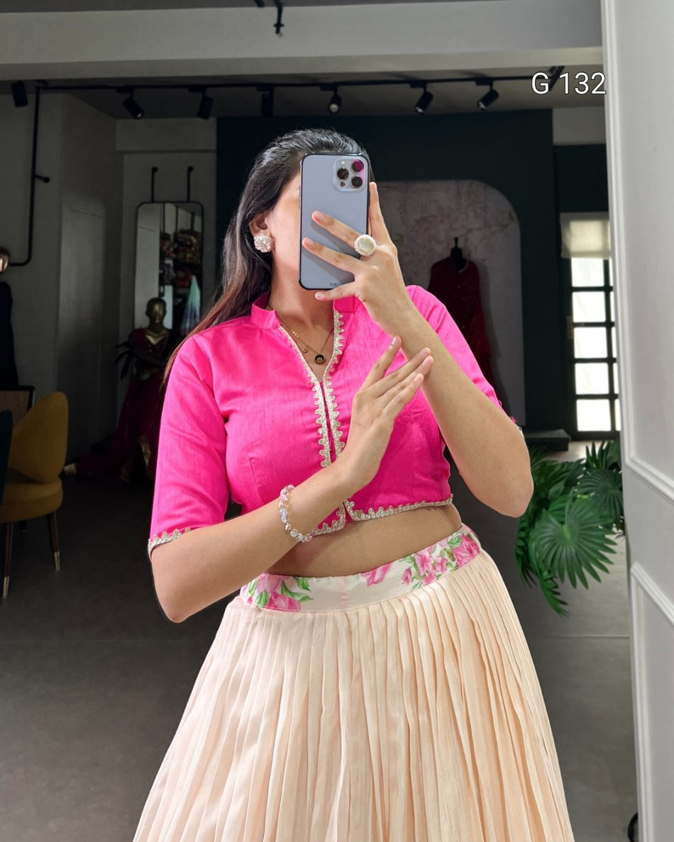 Cotton Silk Floral Printed Lehenga with Zari Border & Handmade Tassels – G 132 Baby Pink