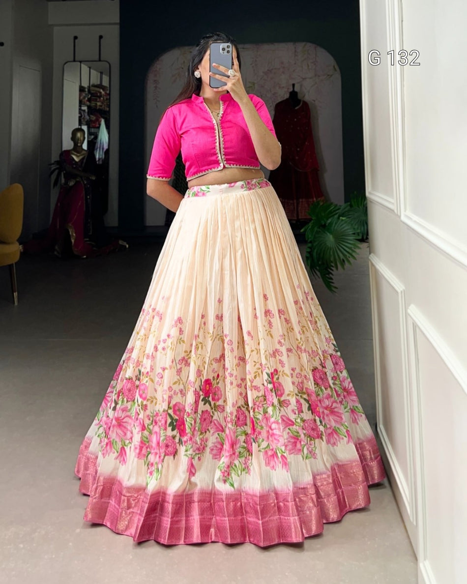 Cotton Silk Floral Printed Lehenga with Zari Border & Handmade Tassels – G 132 Baby Pink