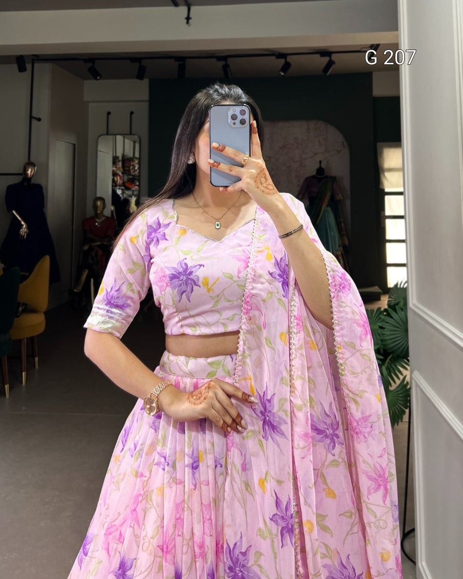 Floral Print Tabby Silk Lehenga with Lace Touch Up – G 207 Baby Pink