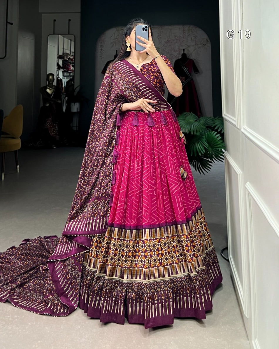 Pink Tasar Silk Lehenga with Bandhej & Ajarakh Print – G 19 Pink