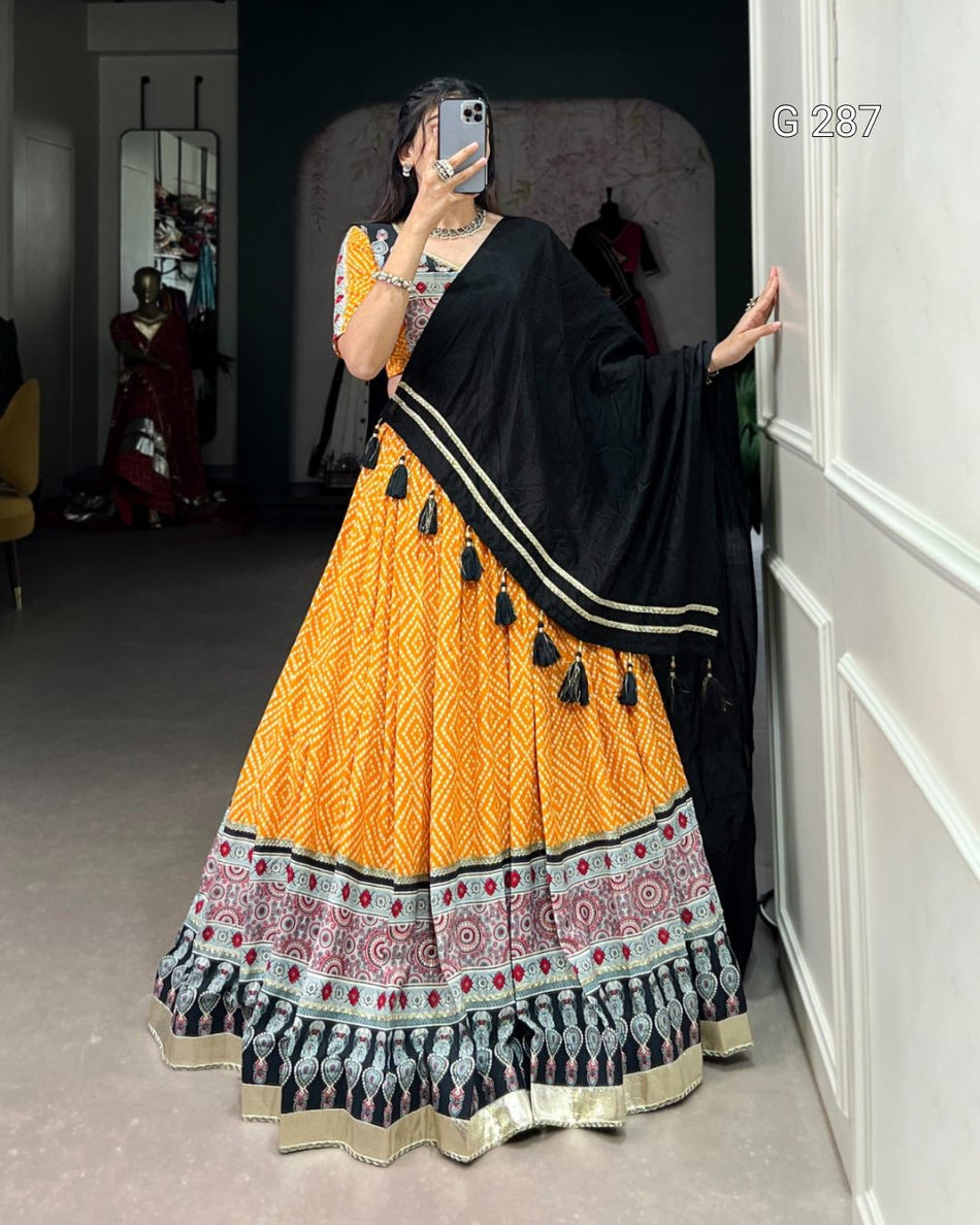Bandhej & Ajrakh Print Rayon Lehenga with Embossed Design & Gota Lace – G 287 Yellow