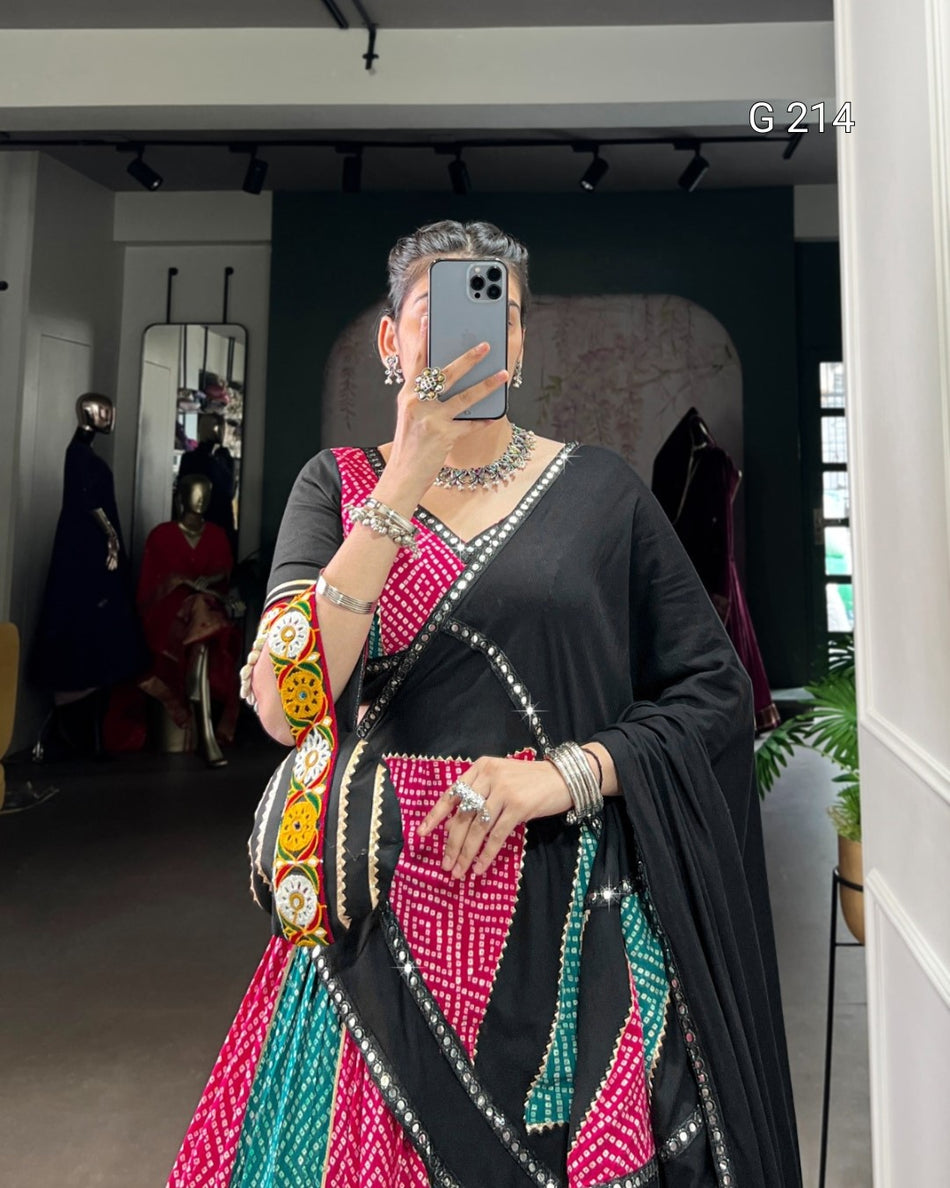 Bandhej and Ajarakh Pure Rayon Lehenga with Paper Mirror & Gamthi Work – G 214 Pink