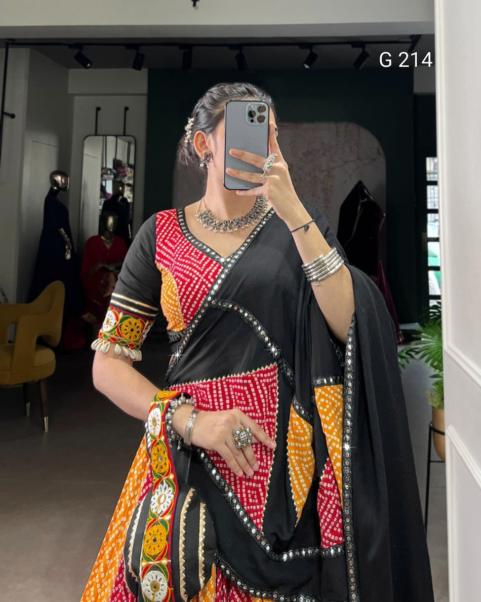 Bandhej and Ajarakh Pure Rayon Lehenga with Paper Mirror & Gamthi Work – G 214 Yellow