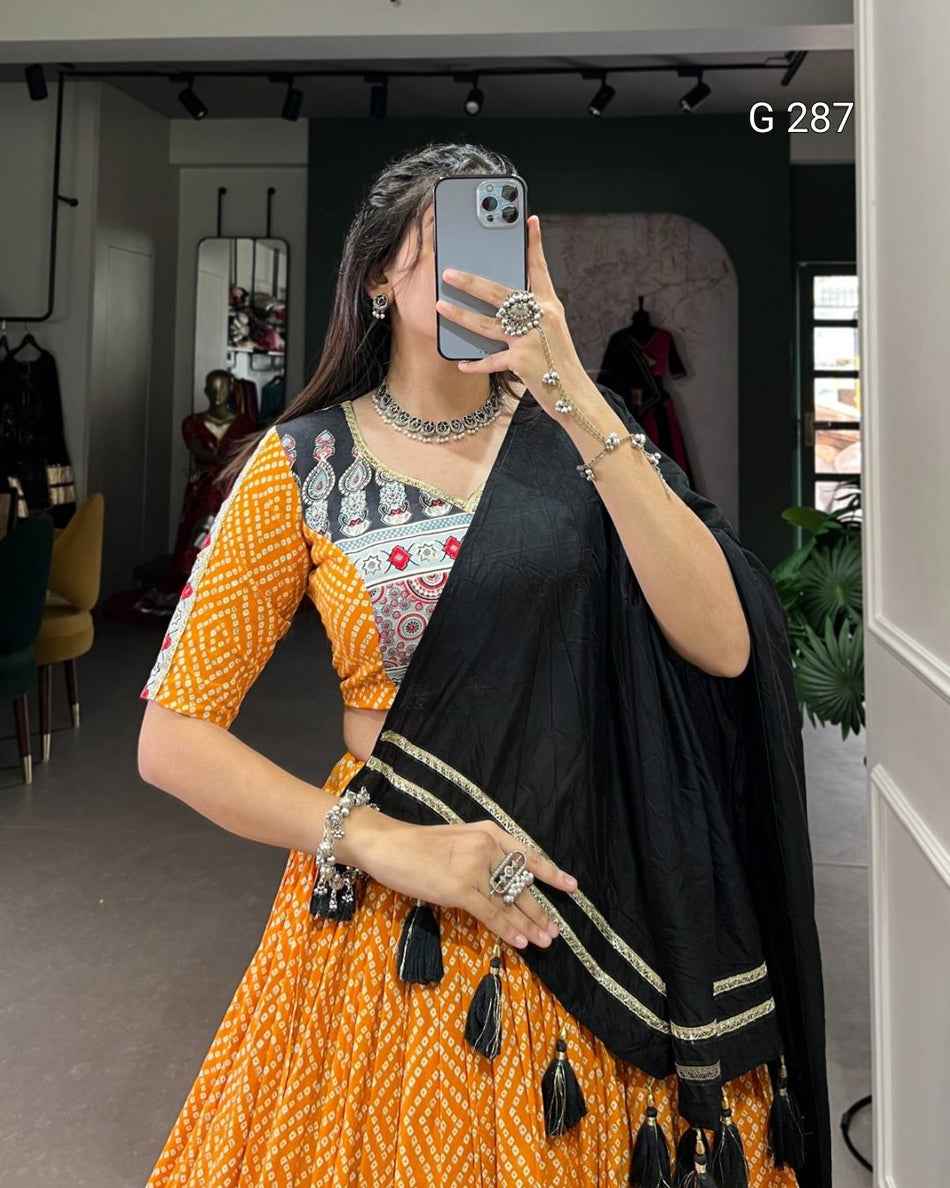 Bandhej & Ajrakh Print Rayon Lehenga with Embossed Design & Gota Lace – G 287 Yellow