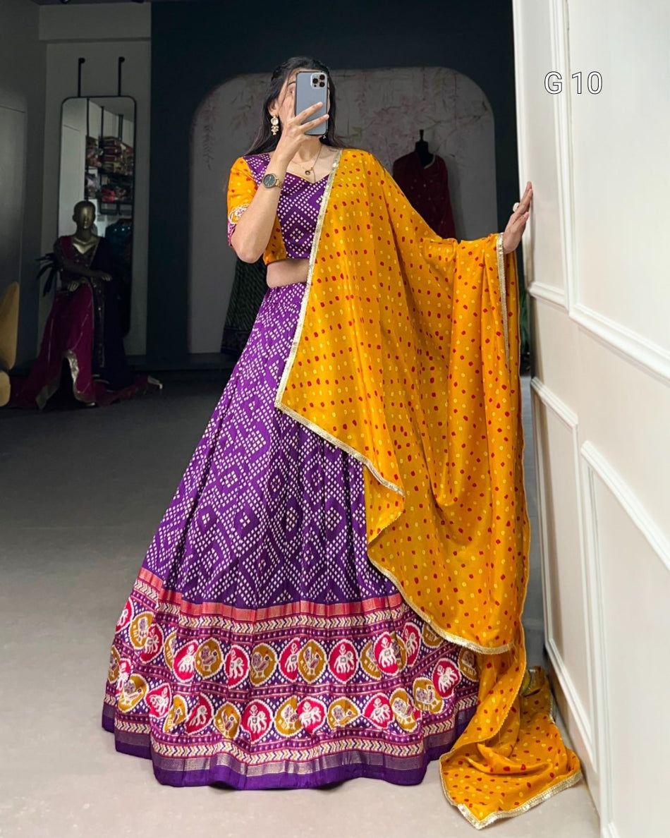 Tasar Silk Lehenga with Bandhej and Patola Print – Foil Work, Stitched Blouse, and Dola Silk Dupatta - G 10 Black, Purple, wine