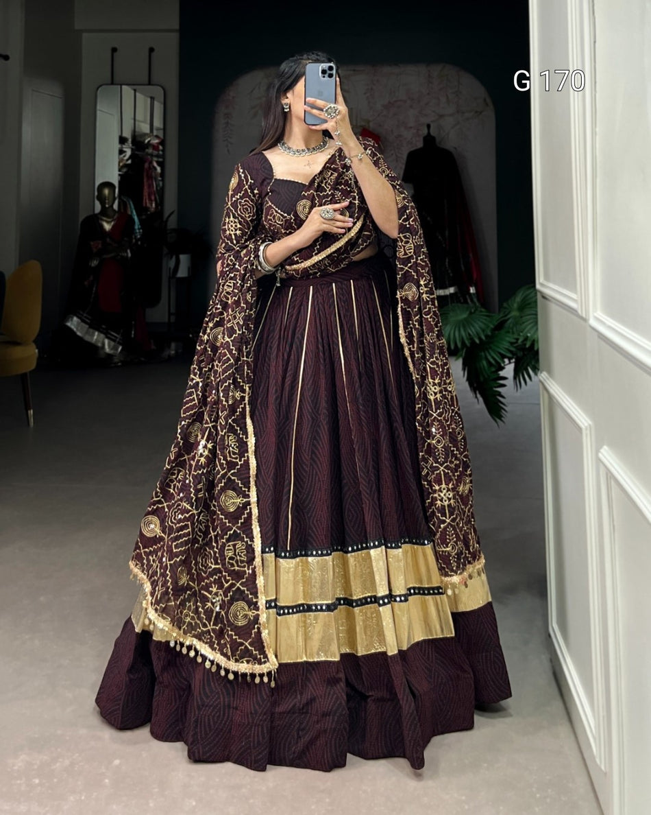 Coffee Georgette Bandhej Print Lehenga with Embossed Design & Gota Patti Touch-Up – G 170 Coffee
