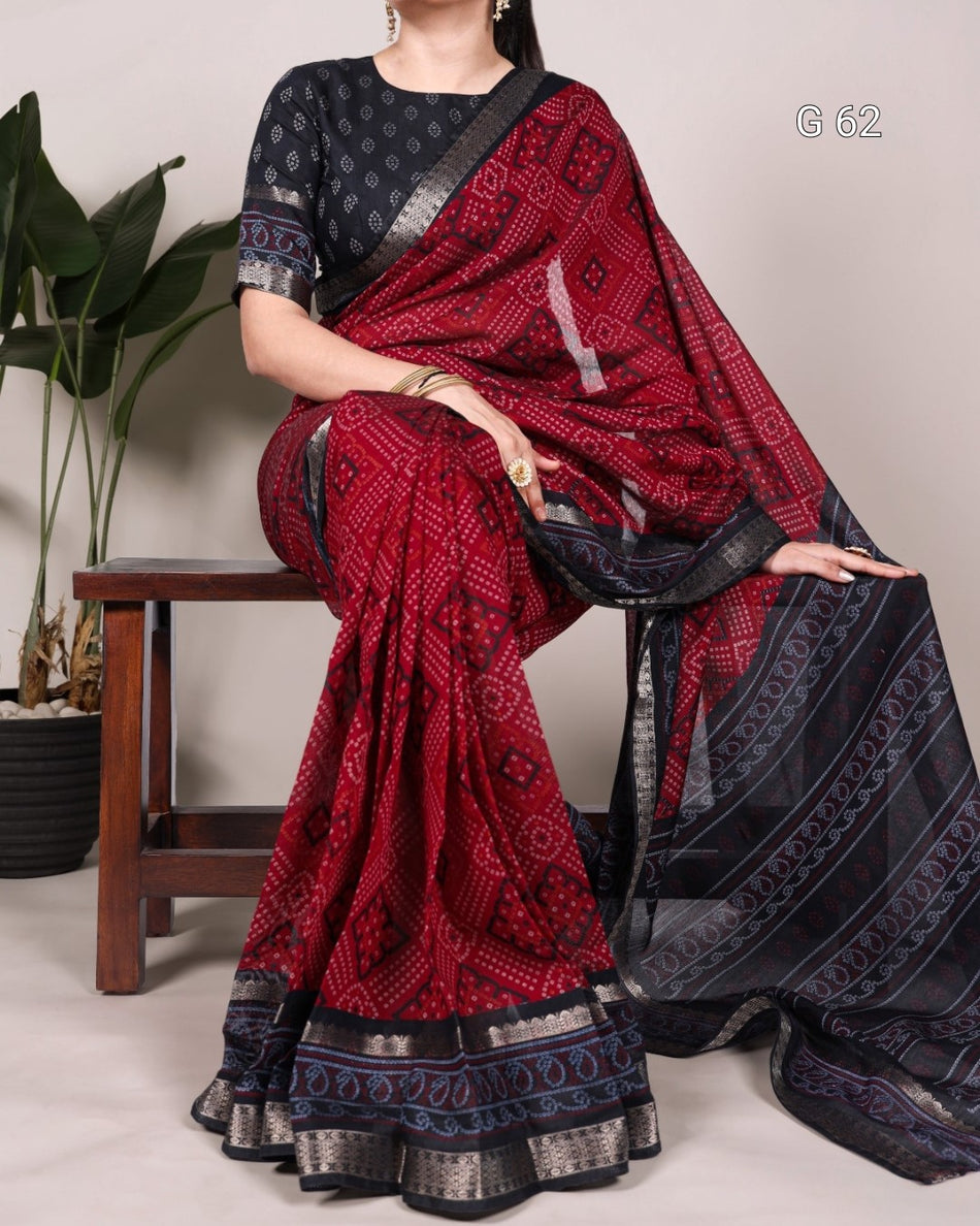 Polyester Viscose Chanderi Saree with Bandhej Print & Zari Weaving Work – G 62