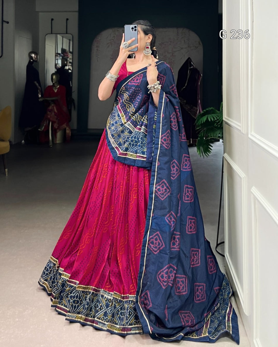 Bandhej Print Tasar Silk Lehenga with Gotta Patti Lace – G 236