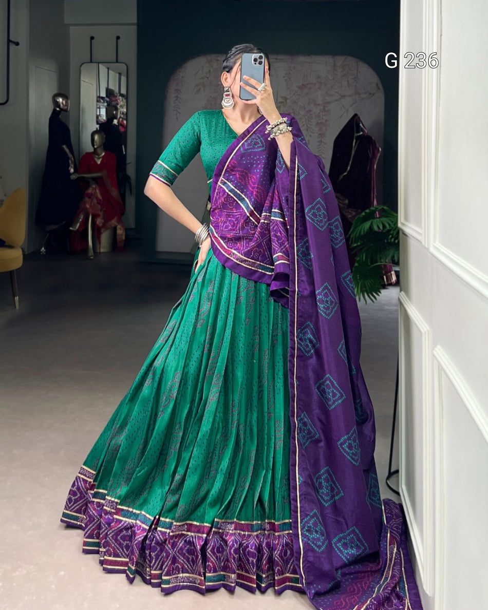 Bandhej Print Tasar Silk Lehenga with Gotta Patti Lace – G 236 Green