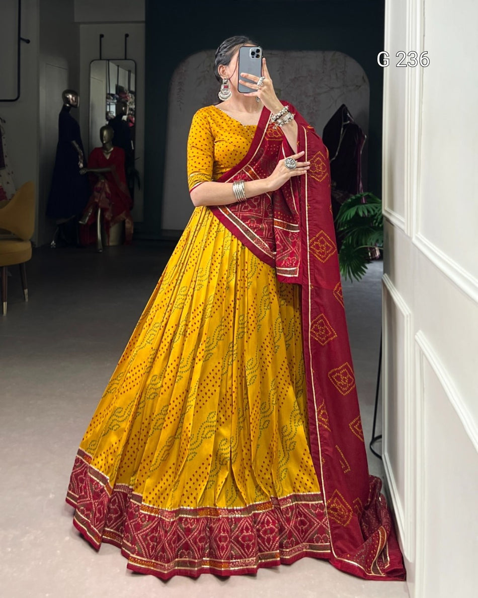 Bandhej Print Tasar Silk Lehenga with Gotta Patti Lace – G 236