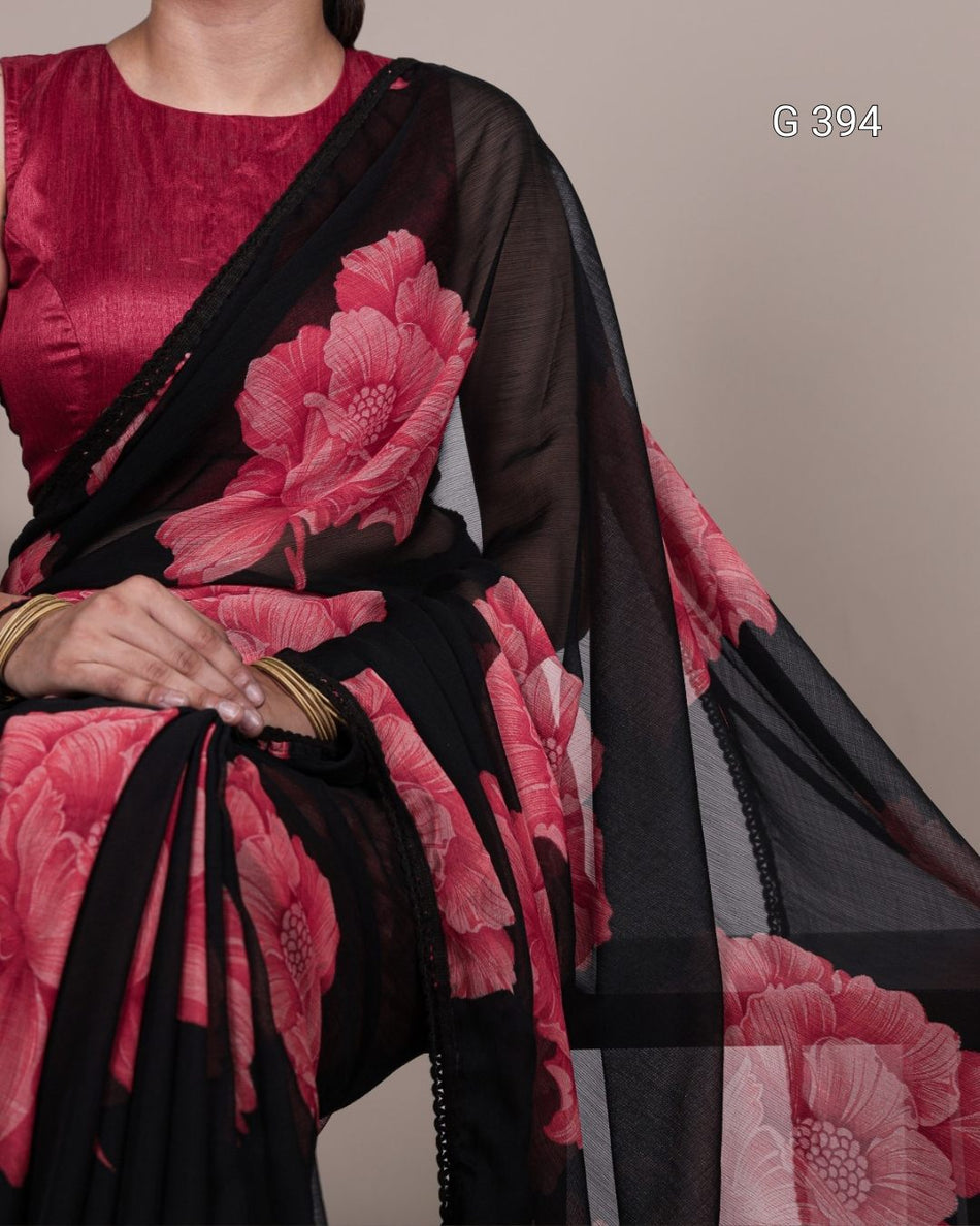 Floral Printed Chiffon Saree with Lace Border – G 394
